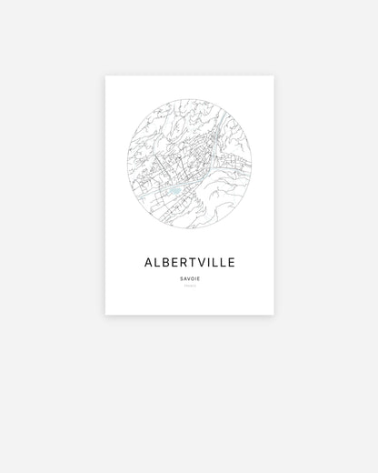 Affiche minimaliste d’Albertville représentant le plan de la ville en design épuré.
