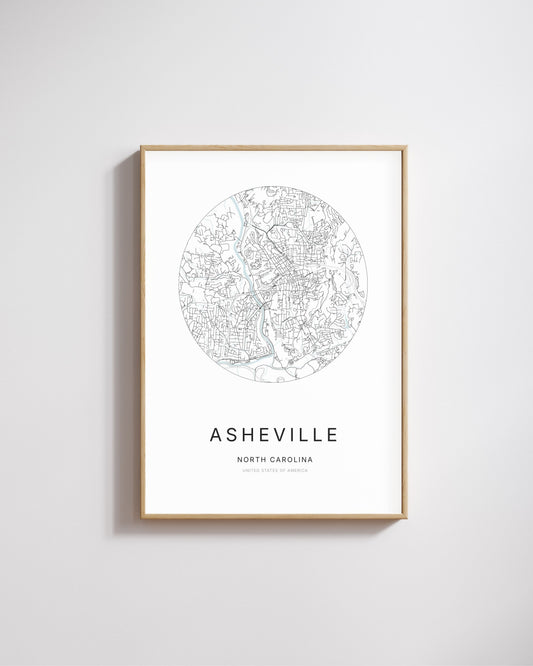 Affiche minimaliste du plan de la ville d’Asheville.