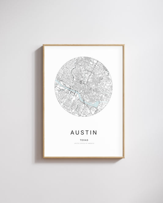 Poster représentant le plan de la ville d’Austin.
