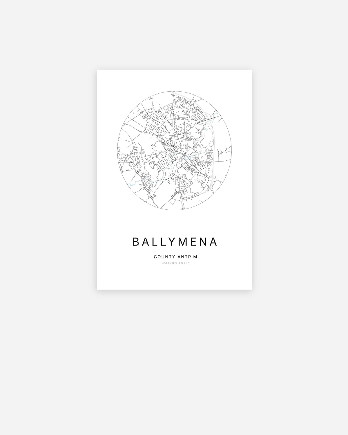 Plan de la ville de Ballymena au design minimaliste.