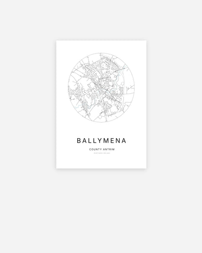 Plan de la ville de Ballymena au design minimaliste.