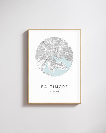 Poster featuring the city map of Baltimore, Maryland.
