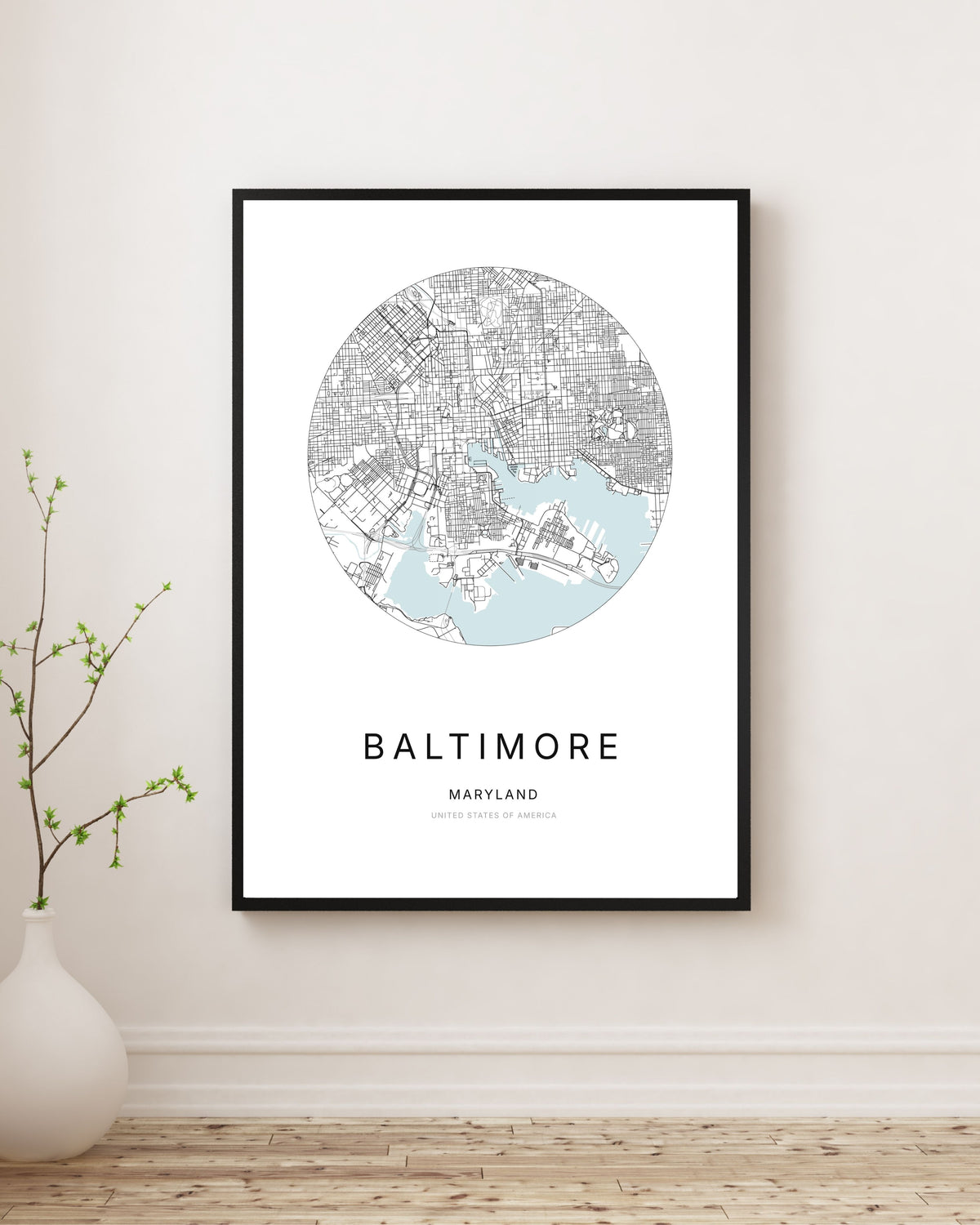 Minimalist city map poster of Baltimore, Maryland.