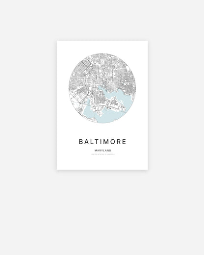 Minimalist city map of Baltimore, Maryland.