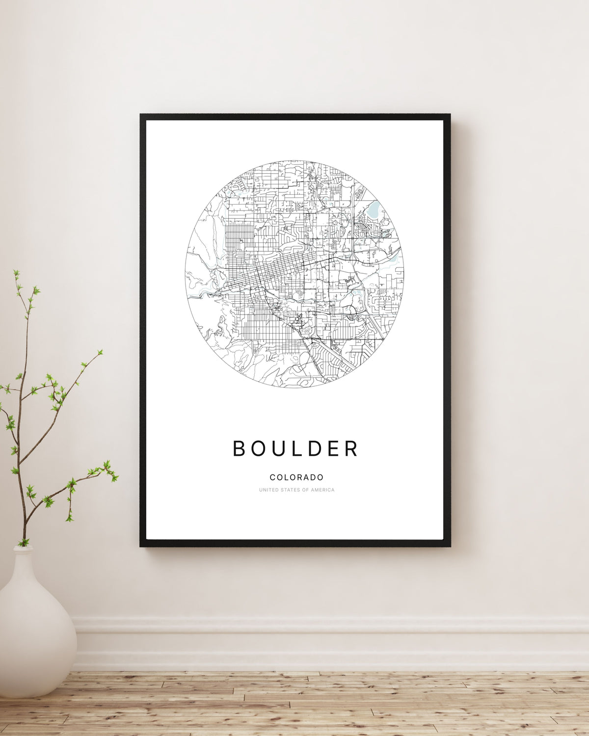Affiche minimaliste du plan de la ville de Boulder.