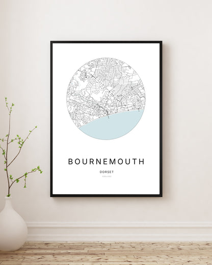 Affiche minimaliste du plan de la ville de Bournemouth.