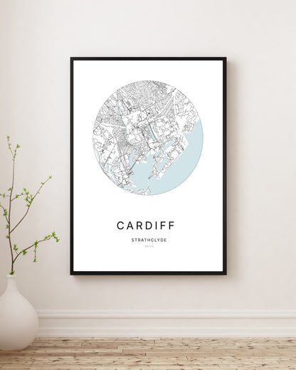 Affiche minimaliste du plan de la ville de Cardiff.