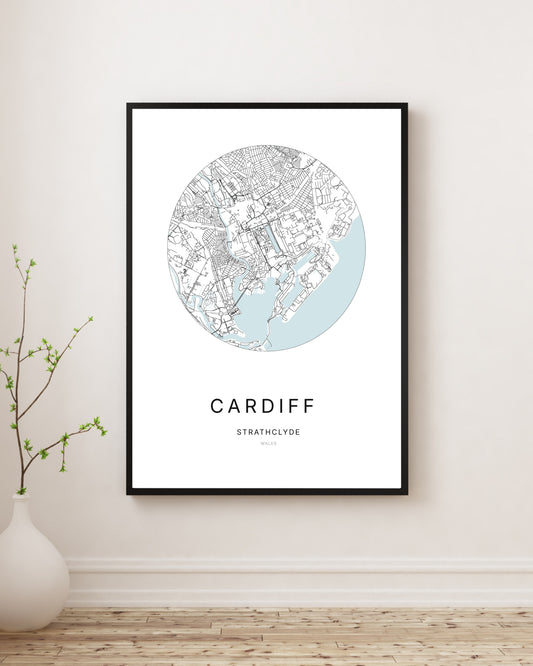 Affiche minimaliste du plan de la ville de Cardiff.