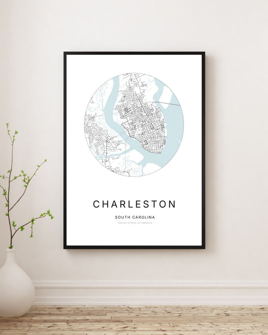 Affiche minimaliste du plan de la ville de Charleston.