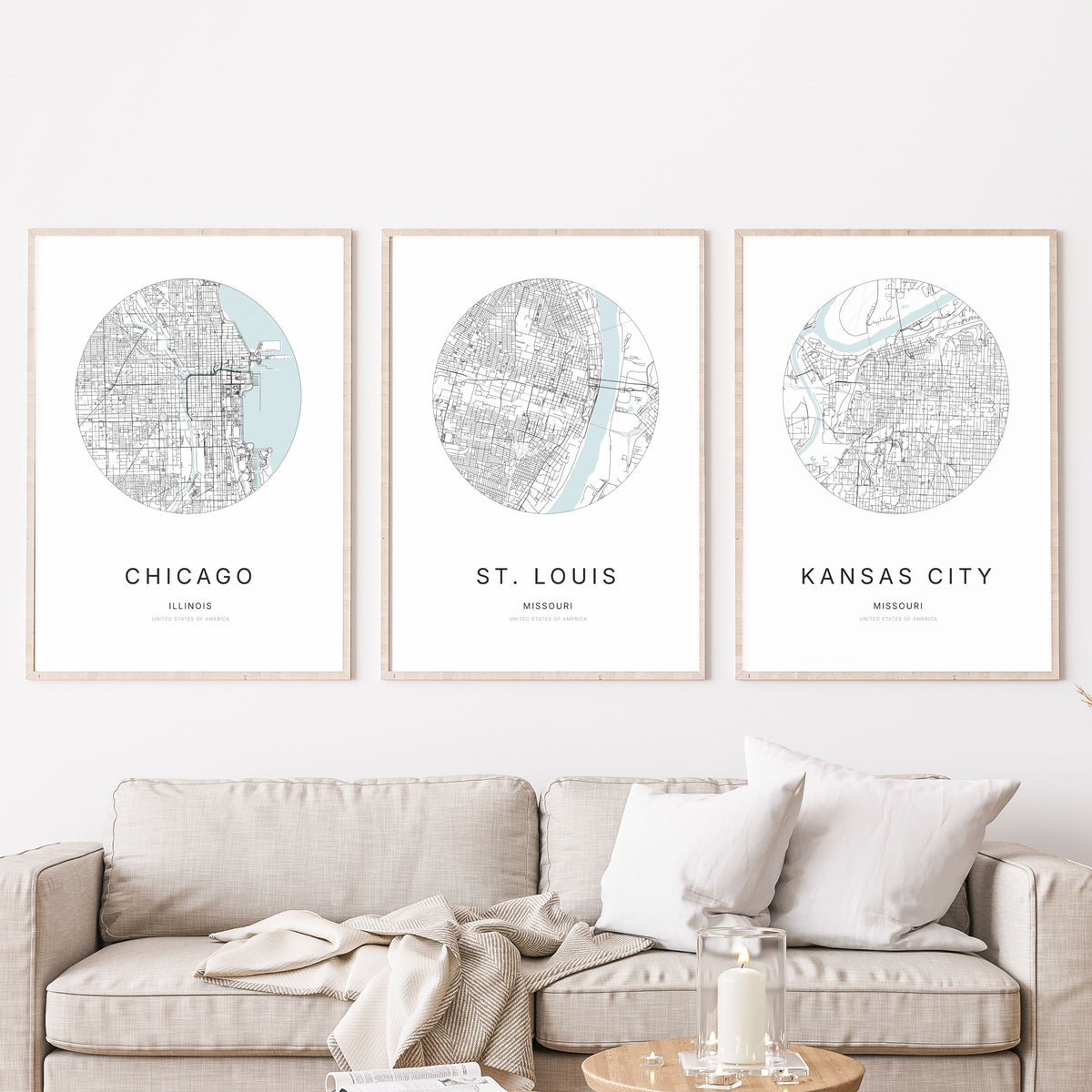 Trio of Chicago, St. Louis and Kansas City city map posters in a living room.