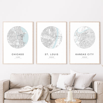 Trio of Chicago, St. Louis and Kansas City city map posters in a living room.