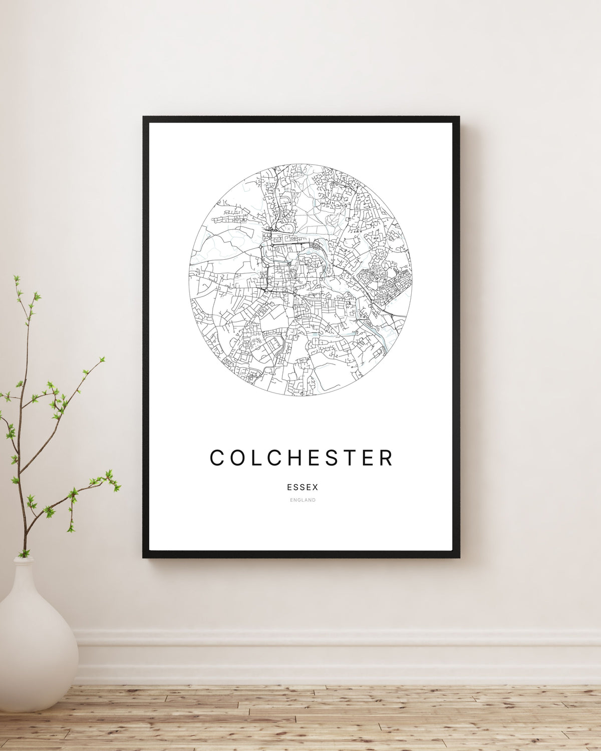 Affiche minimaliste du plan de la ville de Colchester.