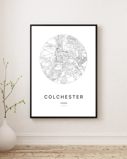 Affiche minimaliste du plan de la ville de Colchester.