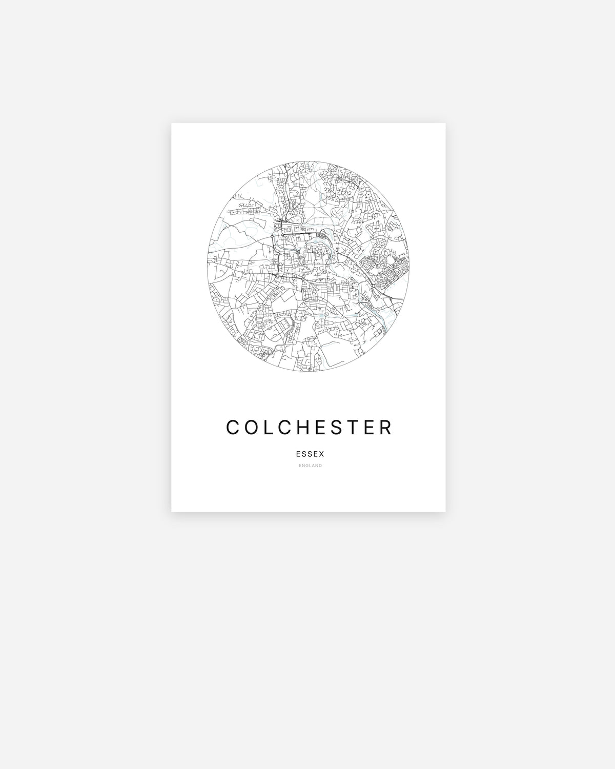 Plan de la ville de Colchester au design minimaliste.