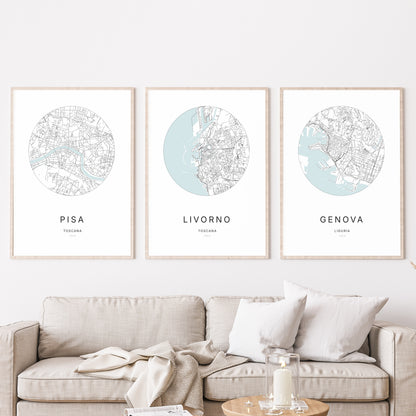 Trio di poster di Livorno, Pisa e Genova in un soggiorno.