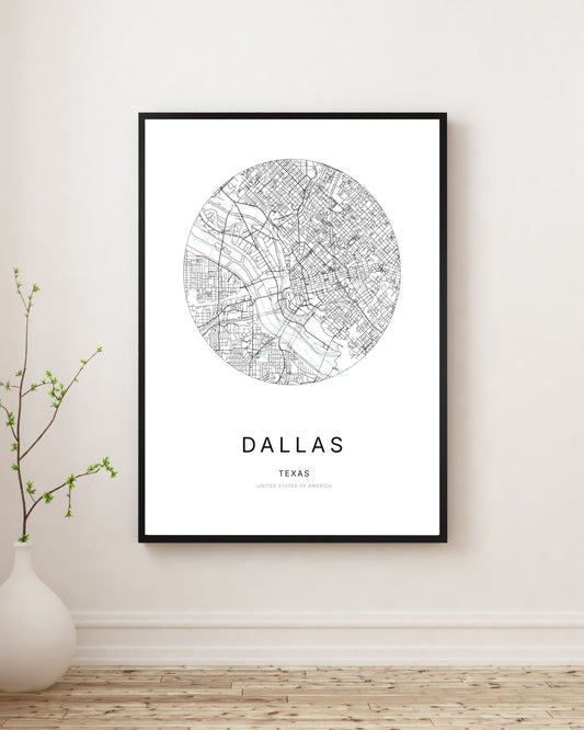 Affiche minimaliste du plan de la ville de Dallas.