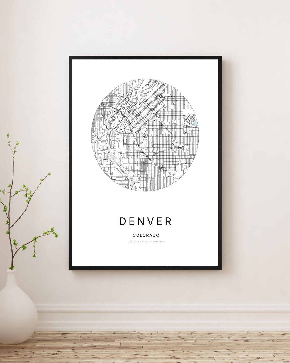 Affiche minimaliste du plan de la ville de Denver.