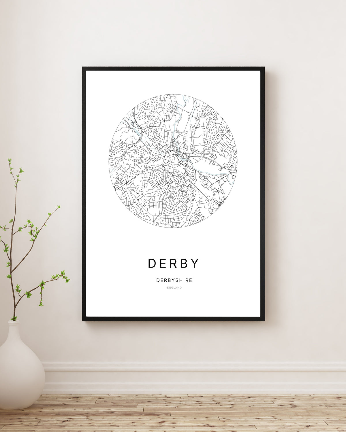 Affiche minimaliste du plan de la ville de Derby.