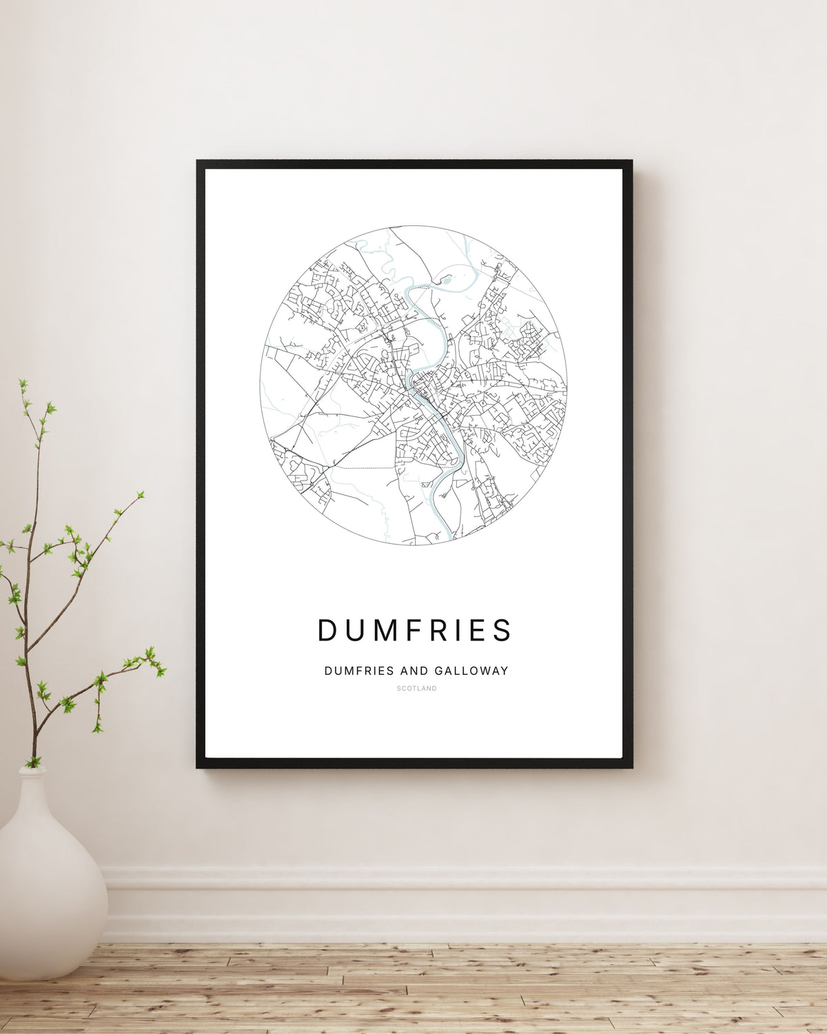 Affiche minimaliste du plan de la ville de Dumfries.