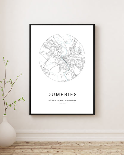 Affiche minimaliste du plan de la ville de Dumfries.