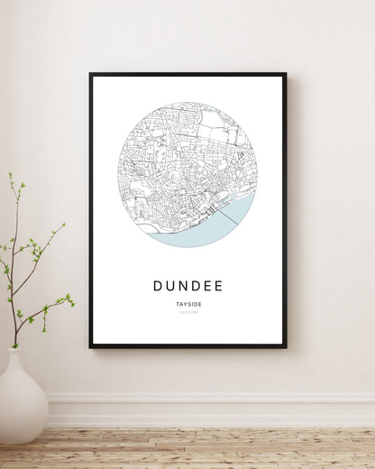 Affiche minimaliste du plan de la ville de Dundee.