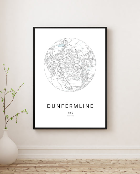 Affiche minimaliste du plan de la ville de Dunfermline.