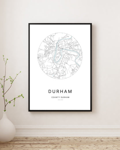 Affiche minimaliste du plan de la ville de Durham.