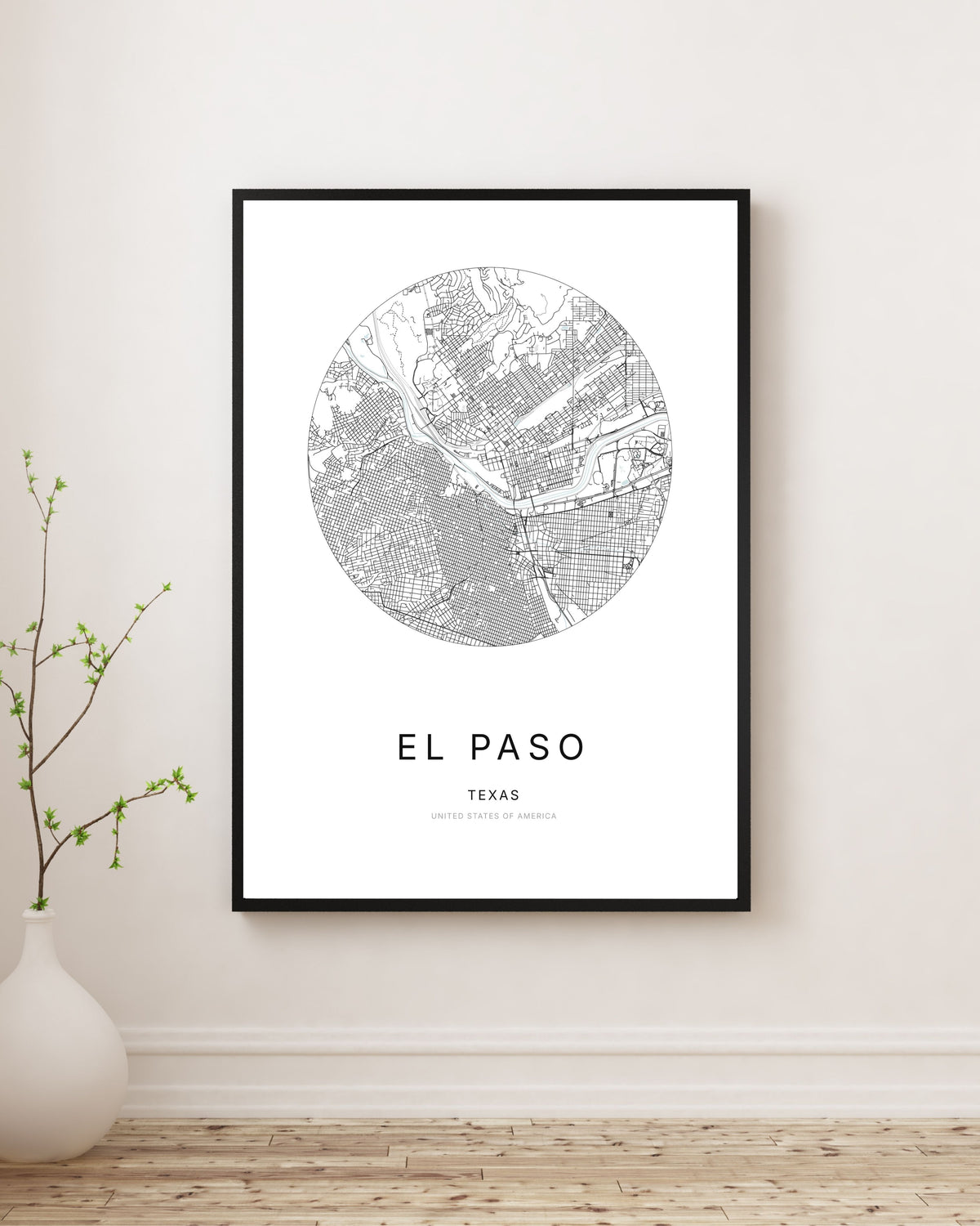 Affiche minimaliste du plan de la ville d’El Paso.