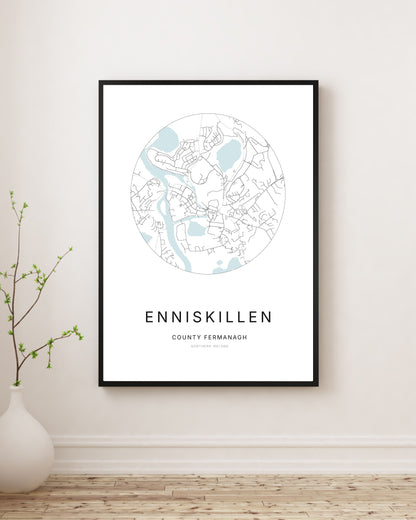 Affiche minimaliste du plan de la ville d’Enniskillen.