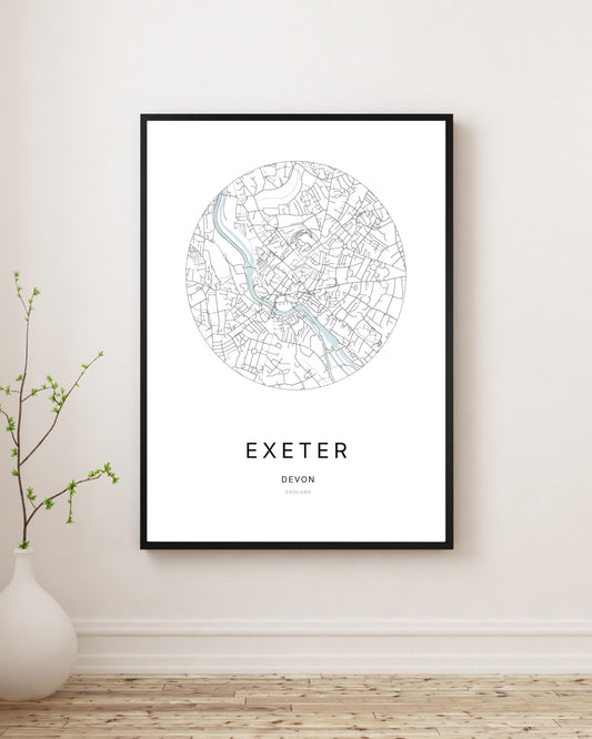 Affiche minimaliste du plan de la ville de Exeter.