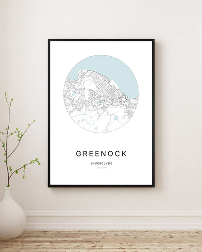 Affiche minimaliste du plan de la ville de Greenock.