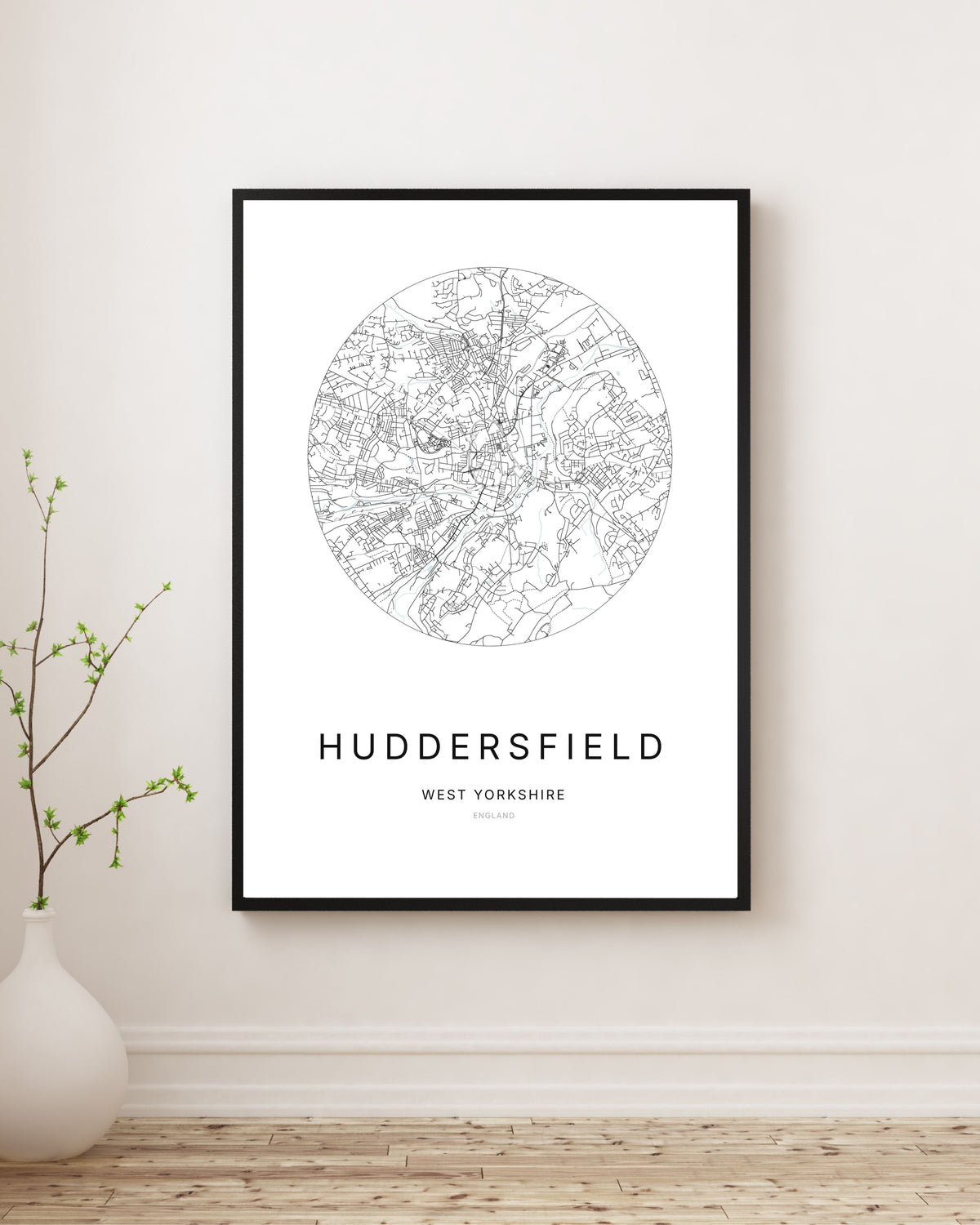 Affiche minimaliste du plan de la ville de Huddersfield.