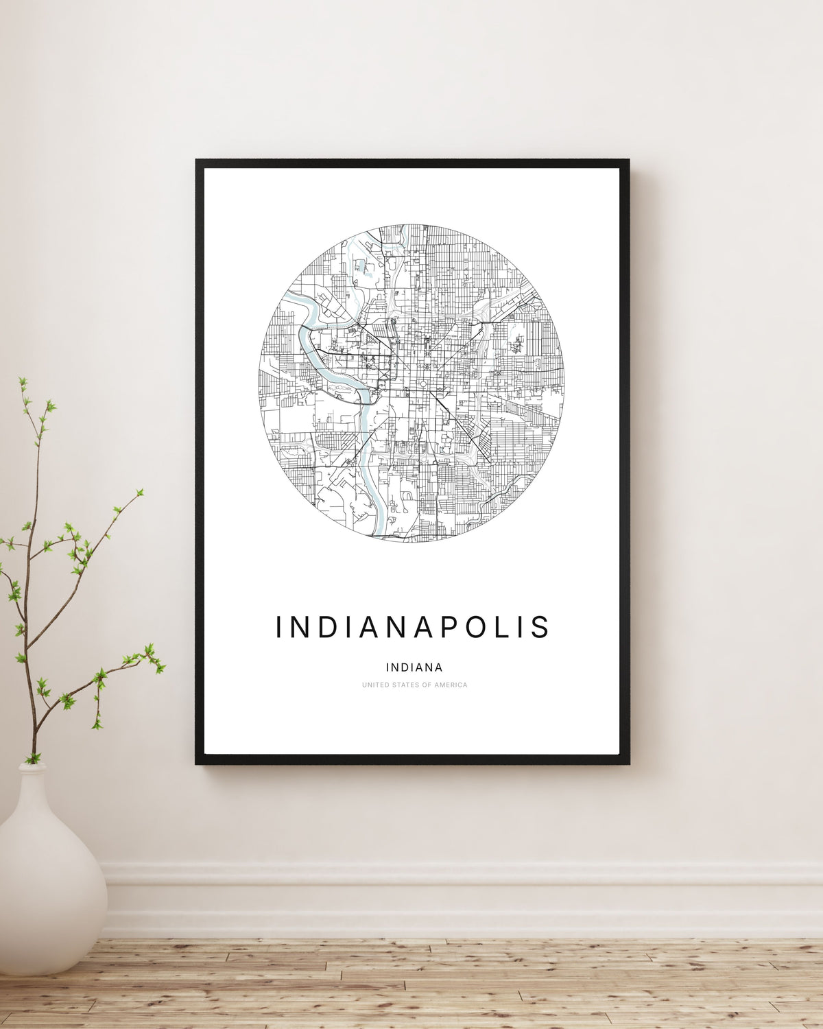 Minimalist city map poster of Indianapolis, Indiana.