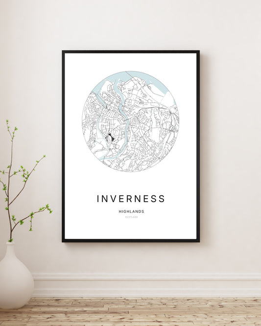 Affiche minimaliste du plan de la ville d’Inverness.