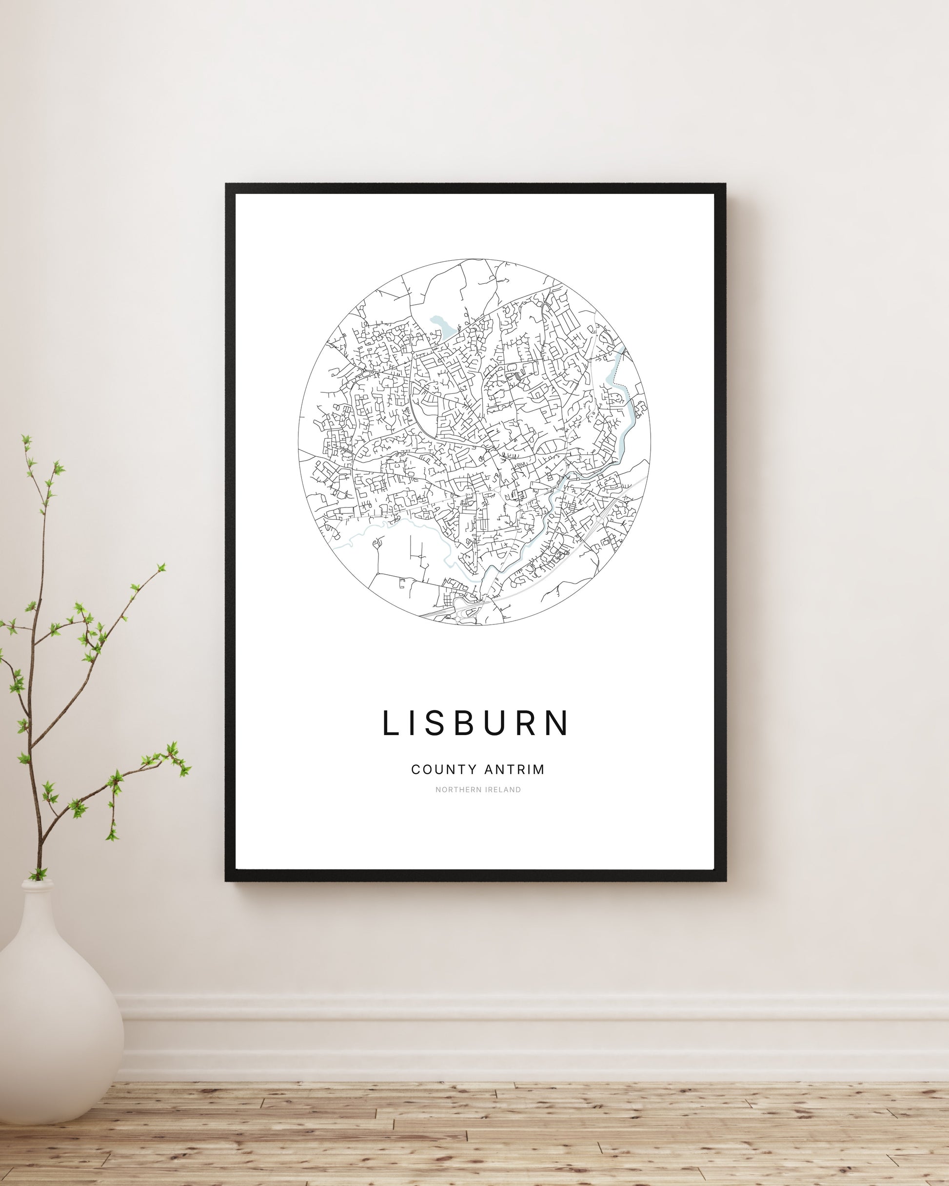 Affiche minimaliste du plan de la ville de Lisburn.