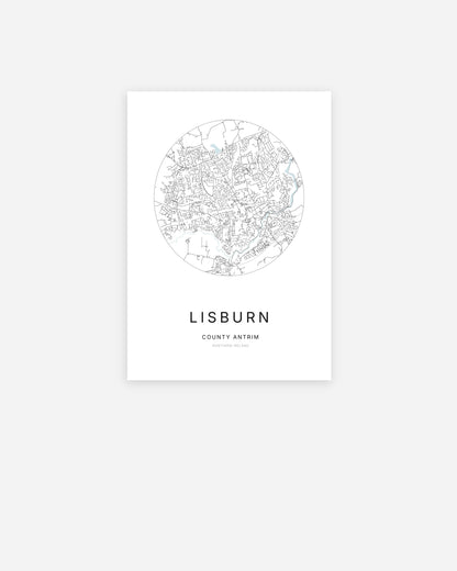Plan de la ville de Lisburn au design minimaliste.