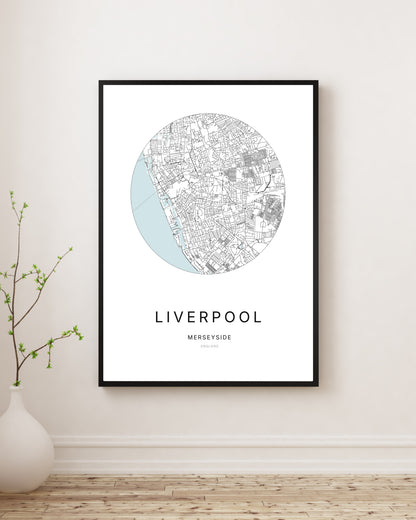 Affiche minimaliste du plan de la ville de Liverpool.