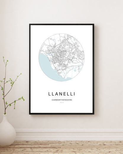 Affiche minimaliste du plan de la ville de Llanelli.