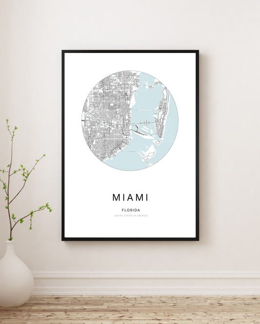 Affiche minimaliste du plan de la ville de Miami.