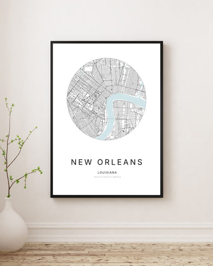 Minimalist city map poster of New Orleans, Louisiana.