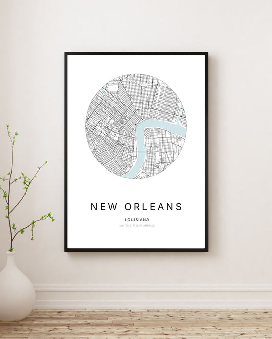 Affiche minimaliste du plan de la ville de La Nouvelle-Orléans.