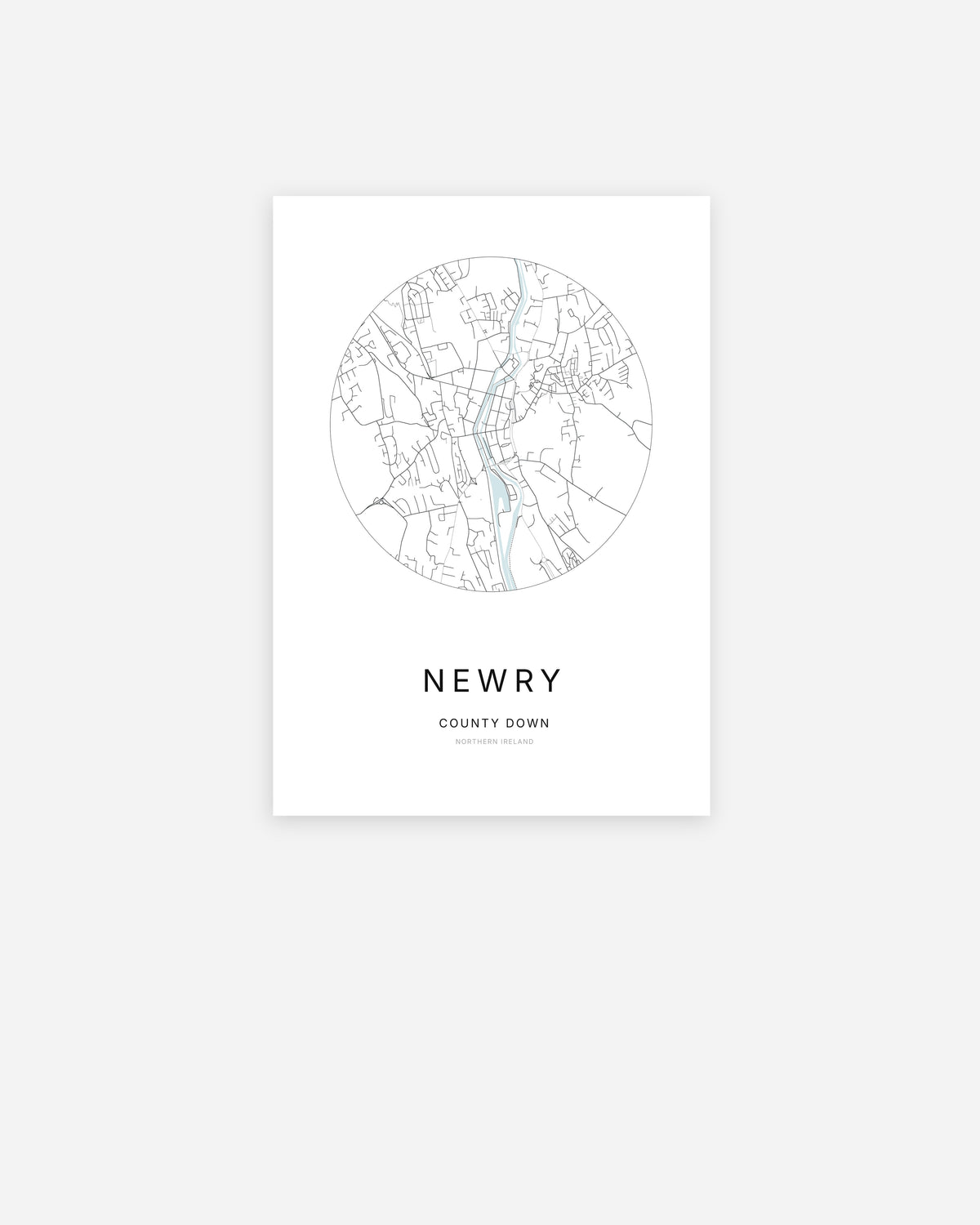 Plan de la ville de Newry au design minimaliste.