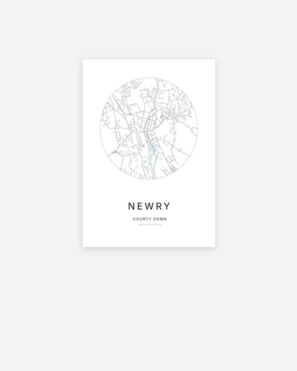 Plan de la ville de Newry au design minimaliste.