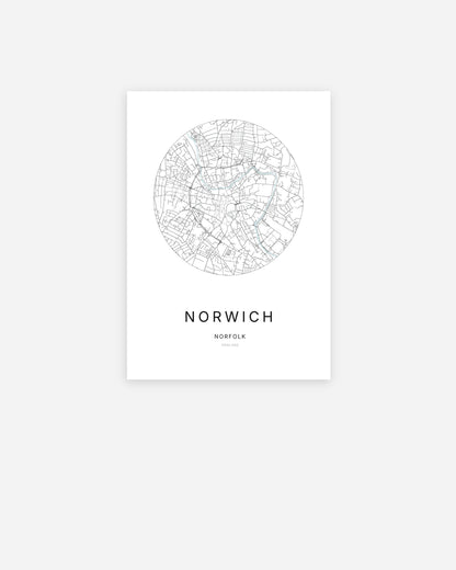 City map of Norwich in a minimalist design.