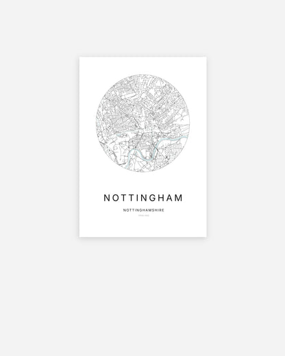 Plan de la ville de Nottingham au design minimaliste.