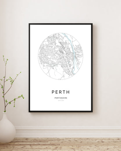 Affiche minimaliste du plan de la ville de Perth.