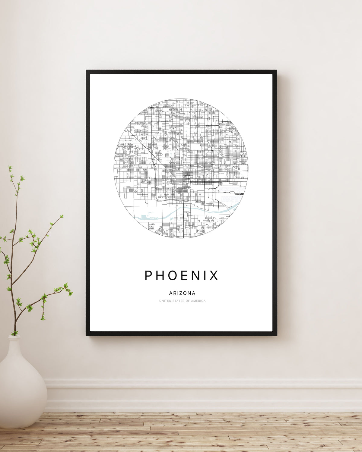 Affiche minimaliste du plan de la ville de Phoenix.