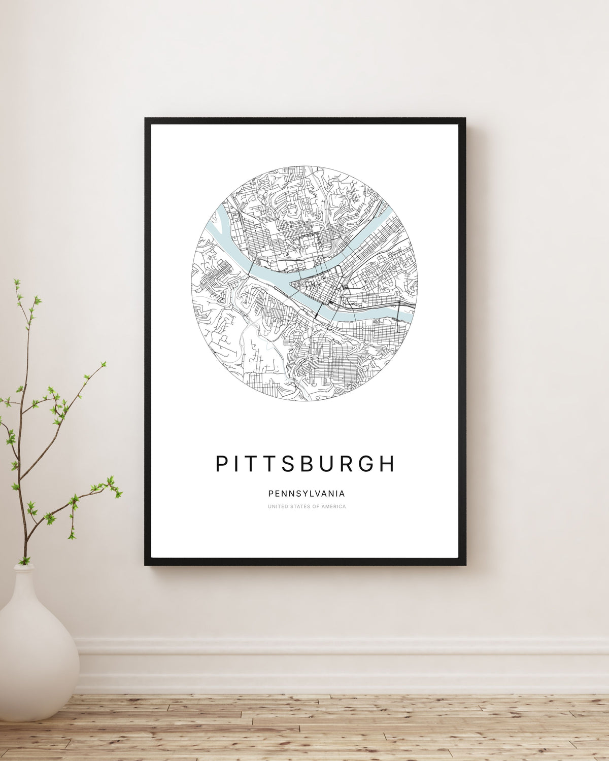 Affiche minimaliste du plan de la ville de Pittsburgh.