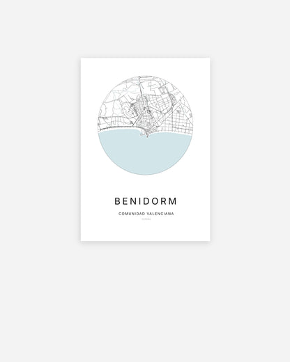 Mapa de la ciudad de Benidorm con diseño minimalista.