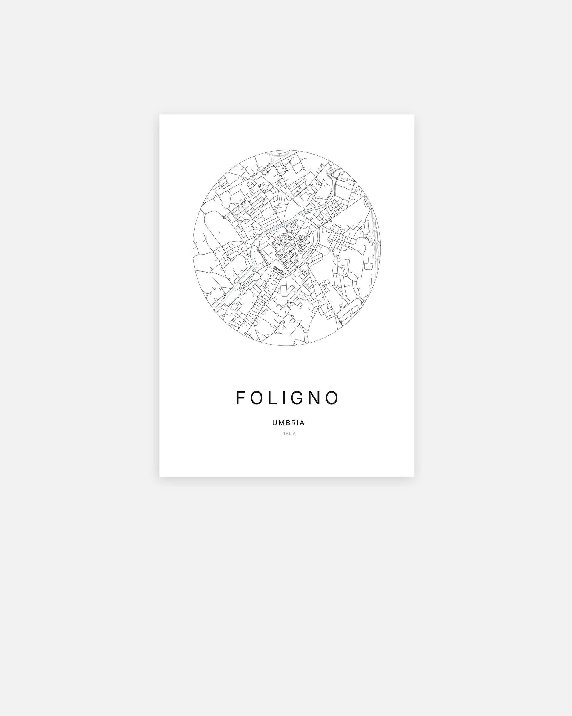 Plan de la ville de Foligno au design minimaliste.